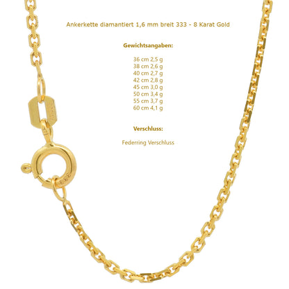 Ankerkette diamantiert Halskette - 333 - 8 Karat Gold