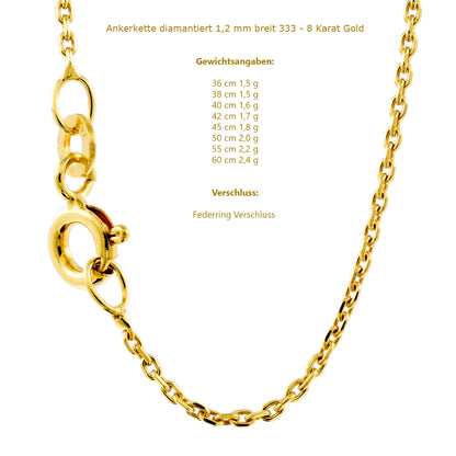 Ankerkette diamantiert Halskette - 333 - 8 Karat Gold
