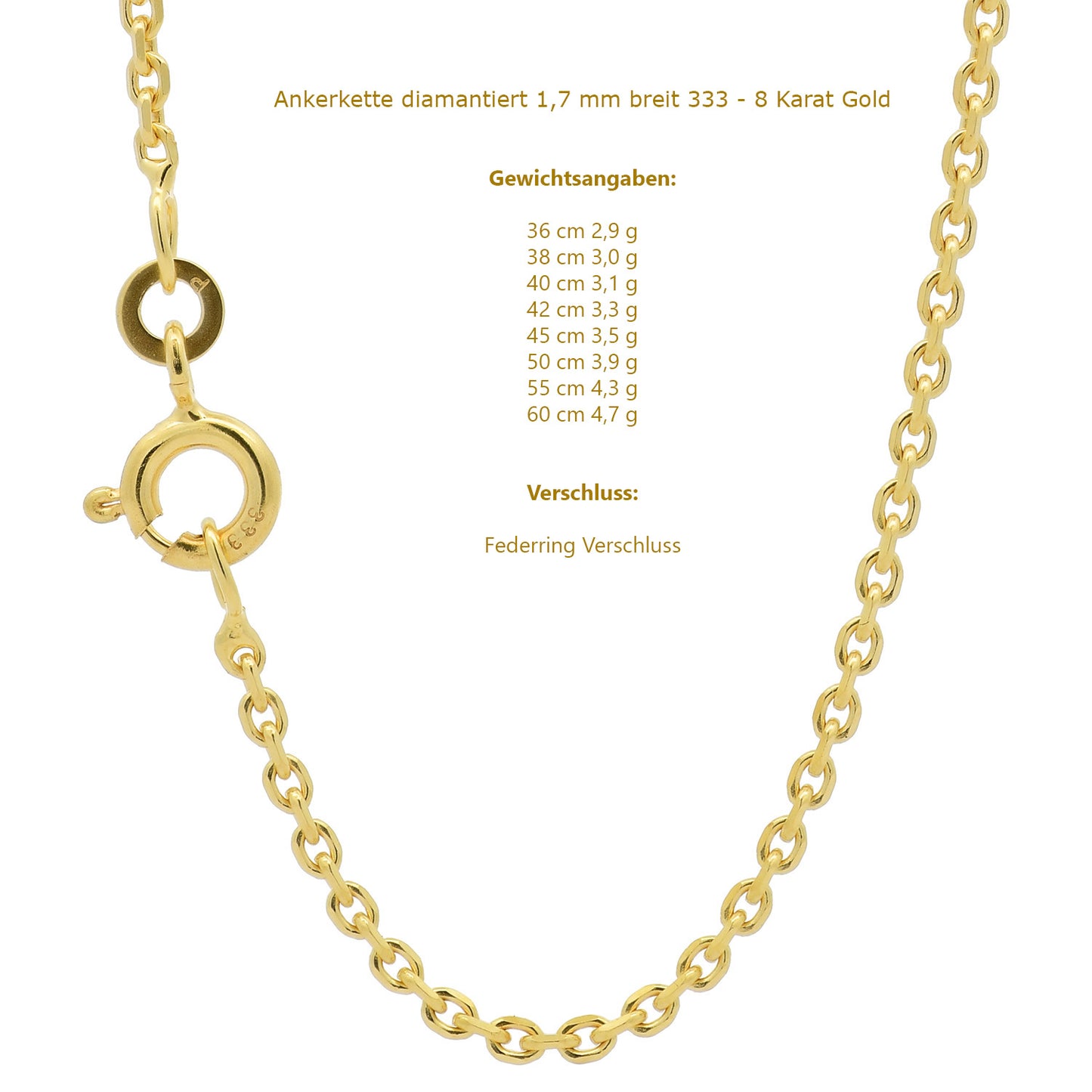 Ankerkette diamantiert Halskette - 333 - 8 Karat Gold