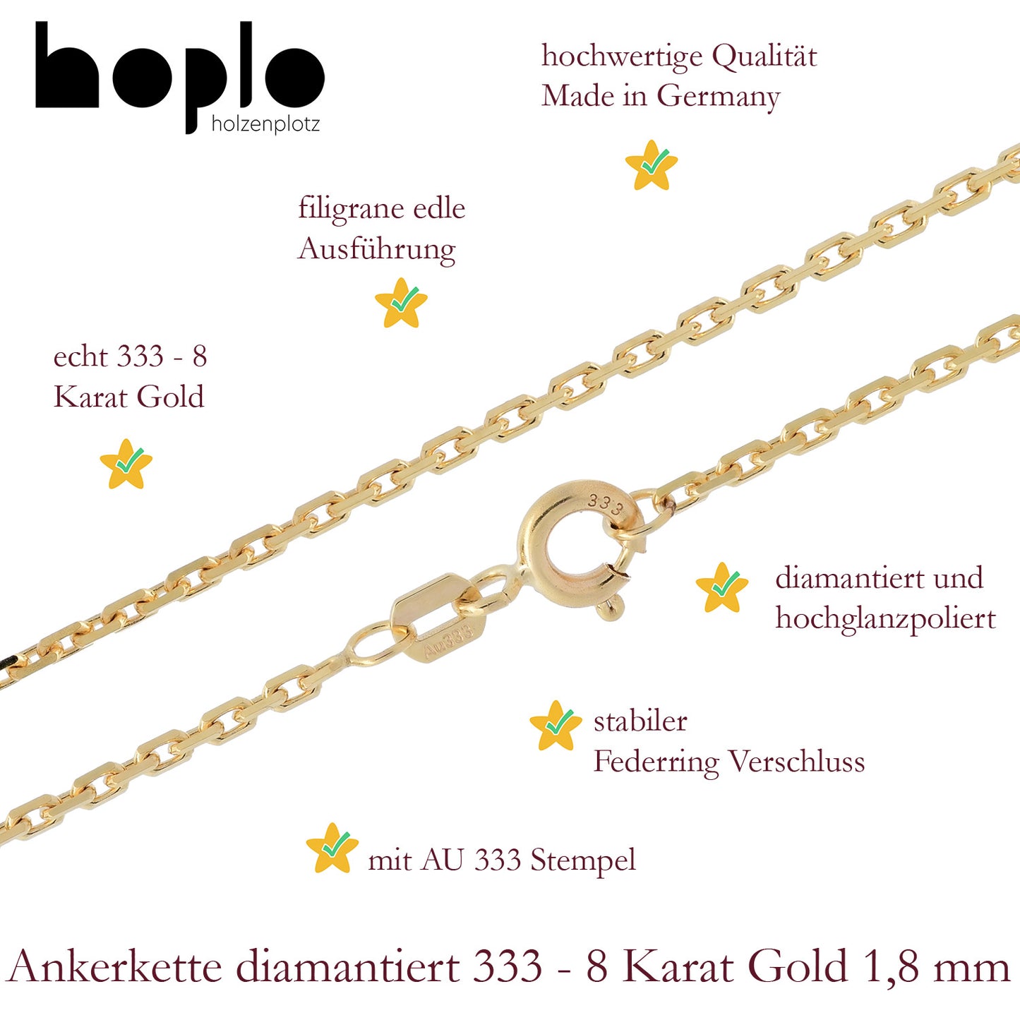 Ankerkette diamantiert Halskette - 333 - 8 Karat Gold