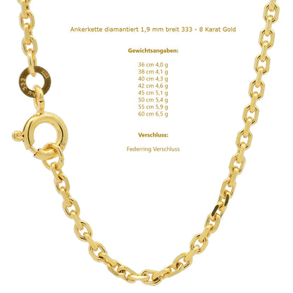 Ankerkette diamantiert Halskette - 333 - 8 Karat Gold