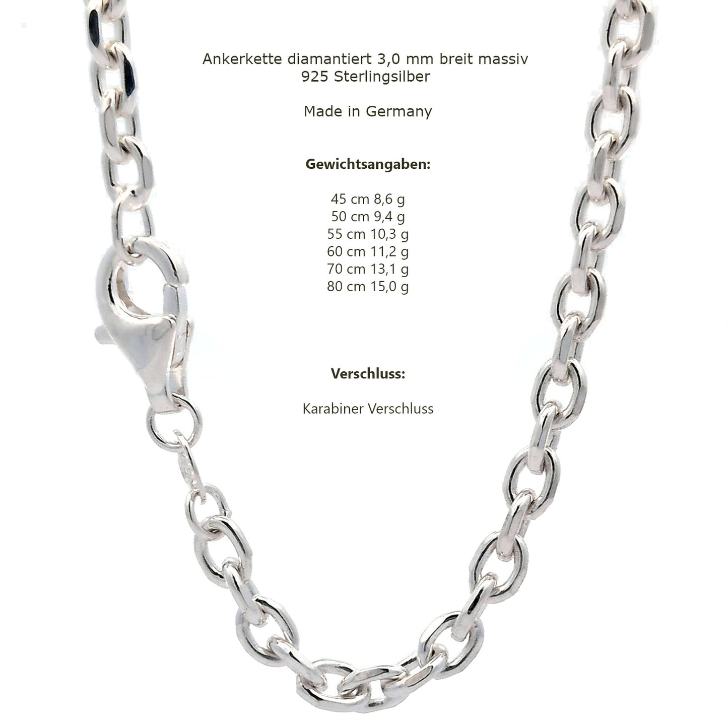 Silberkette Echt 925 Sterlingsilber Ankerkette diamantiert Silber Halskette - Damenkette und Herrenkette Made in Germany
