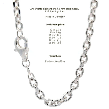 Silberkette Echt 925 Sterlingsilber Ankerkette diamantiert Silber Halskette - Damenkette und Herrenkette Made in Germany