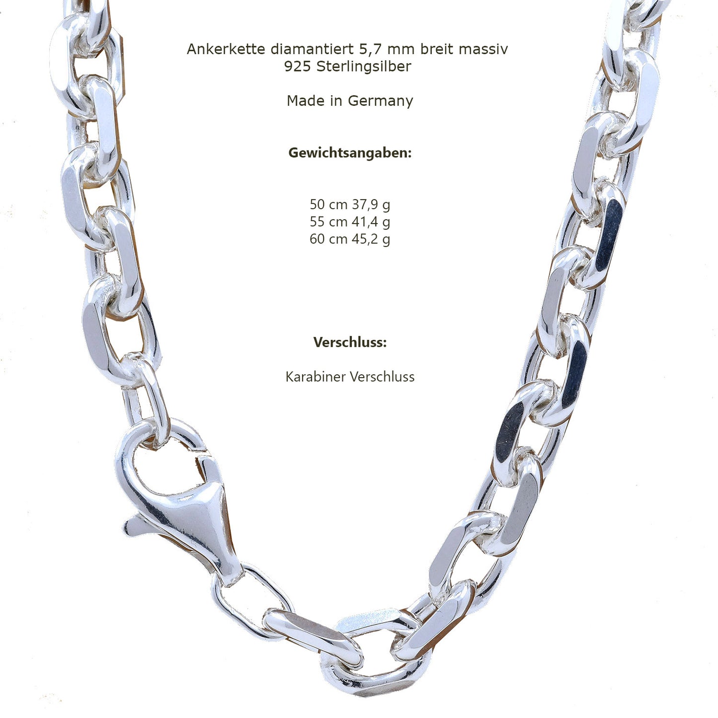 Silberkette Echt 925 Sterlingsilber Ankerkette diamantiert Silber Halskette - Damenkette und Herrenkette Made in Germany