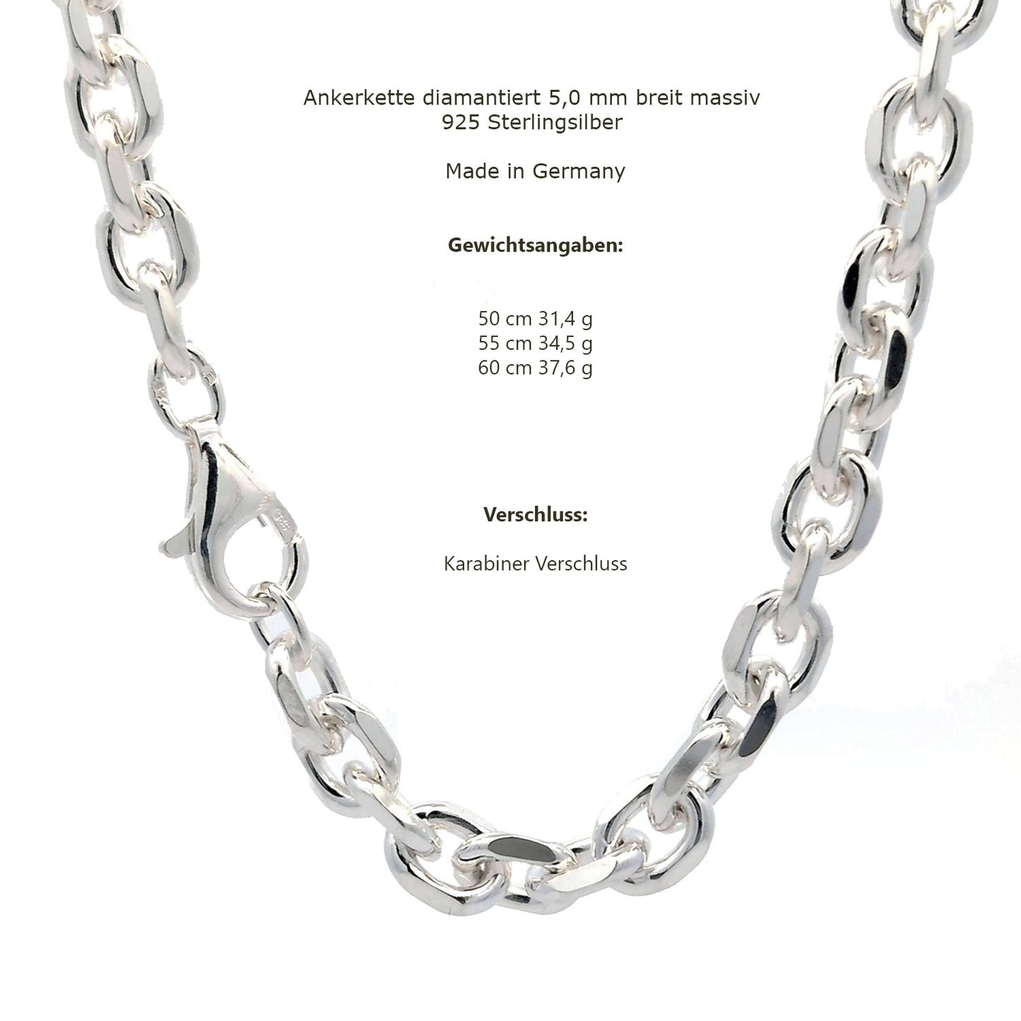 Silberkette Echt 925 Sterlingsilber Ankerkette diamantiert Silber Halskette - Damenkette und Herrenkette Made in Germany
