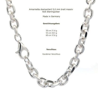 Silberkette Echt 925 Sterlingsilber Ankerkette diamantiert Silber Halskette - Damenkette und Herrenkette Made in Germany