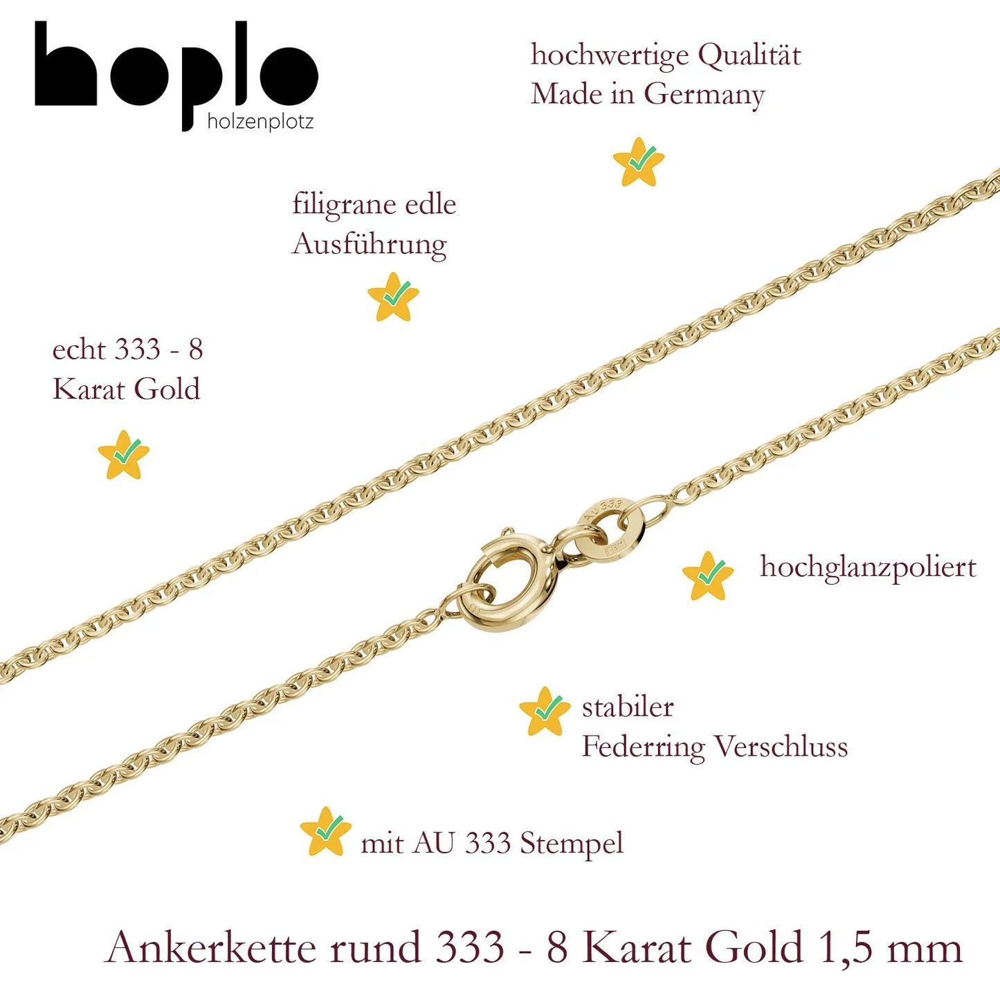Goldkette Ankerkette rund Halskette Breite 1,5 mm - 333 - 8 Karat Gold