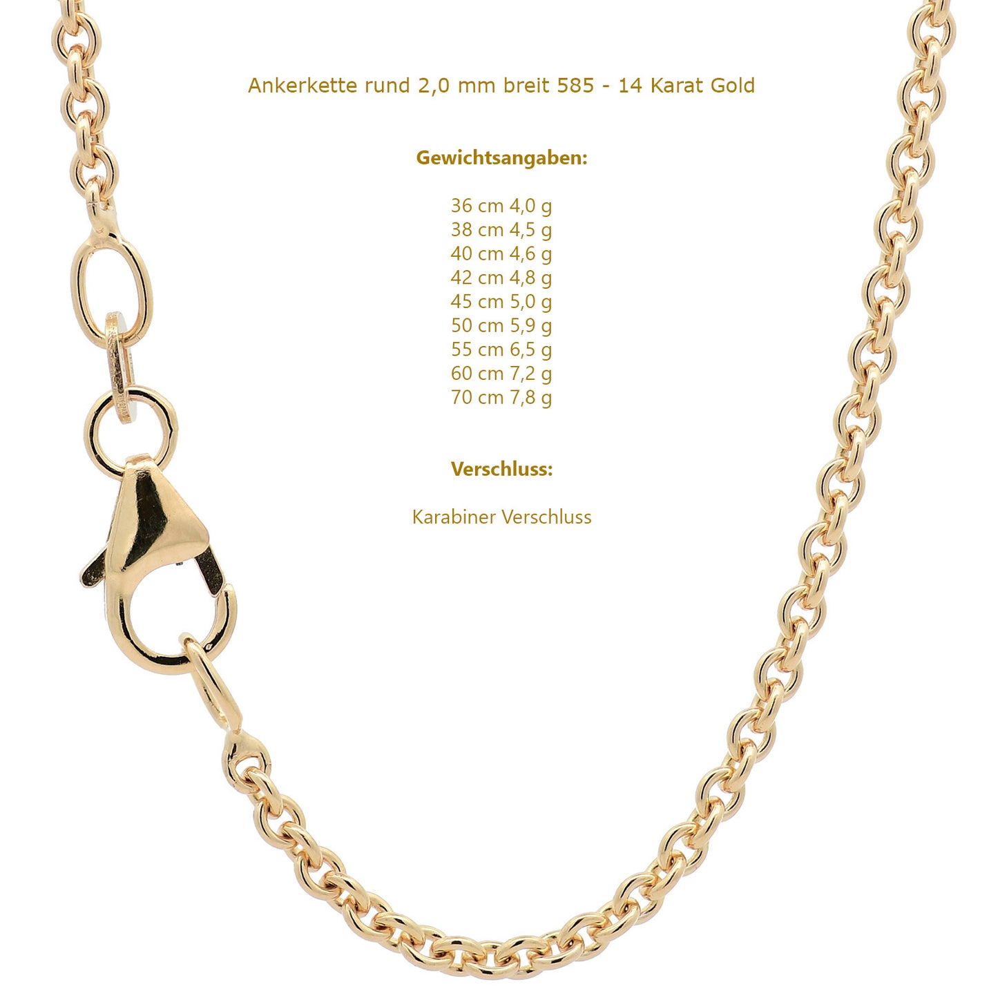 Ankerkette rund Halskette  585 - 14 Karat Gold Auswahl