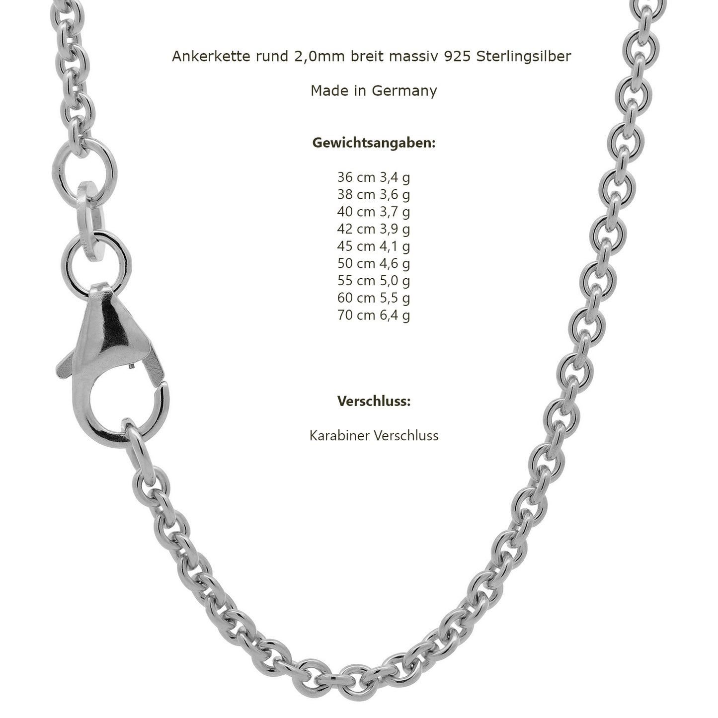 Silberkette Echt 925 Sterlingsilber Ankerkette rund Silber Halskette - Damenkette und Herrenkette Made in Germany