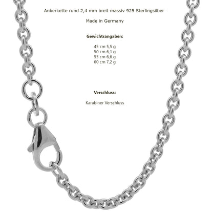 Silberkette Echt 925 Sterlingsilber Ankerkette rund Silber Halskette - Damenkette und Herrenkette Made in Germany