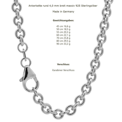 Silberkette Echt 925 Sterlingsilber Ankerkette rund Silber Halskette - Damenkette und Herrenkette Made in Germany