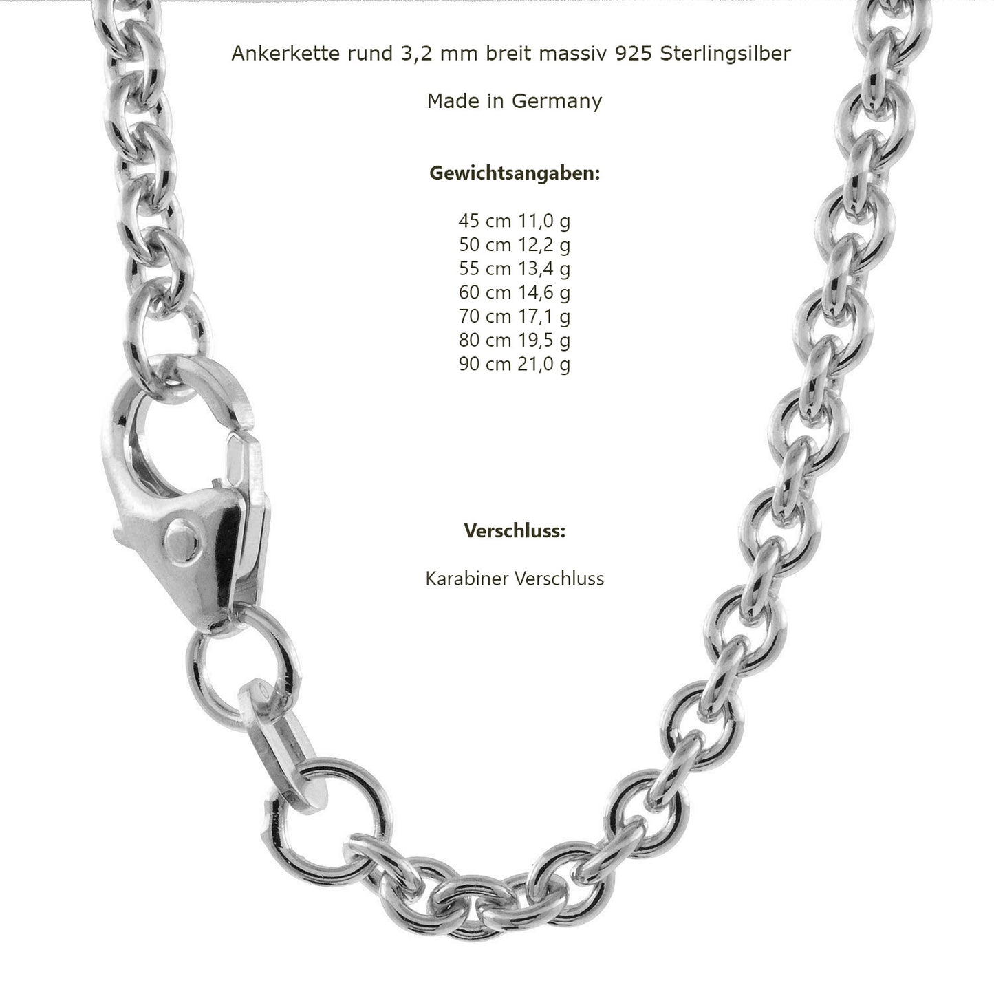 Silberkette Echt 925 Sterlingsilber Ankerkette rund Silber Halskette - Damenkette und Herrenkette Made in Germany