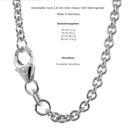 Silberkette Echt 925 Sterlingsilber Ankerkette rund Silber Halskette - Damenkette und Herrenkette Made in Germany