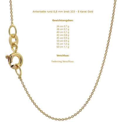 Goldkette Ankerkette rund Halskette  massiv 333 - 8 Karat Gold Auswahl