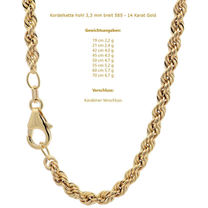 Edle Goldkette Kordelkette hohl Halskette 333-8 oder 585-14 Karat Gold