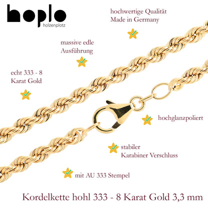 Edle Goldkette Kordelkette hohl Halskette 333-8 oder 585-14 Karat Gold