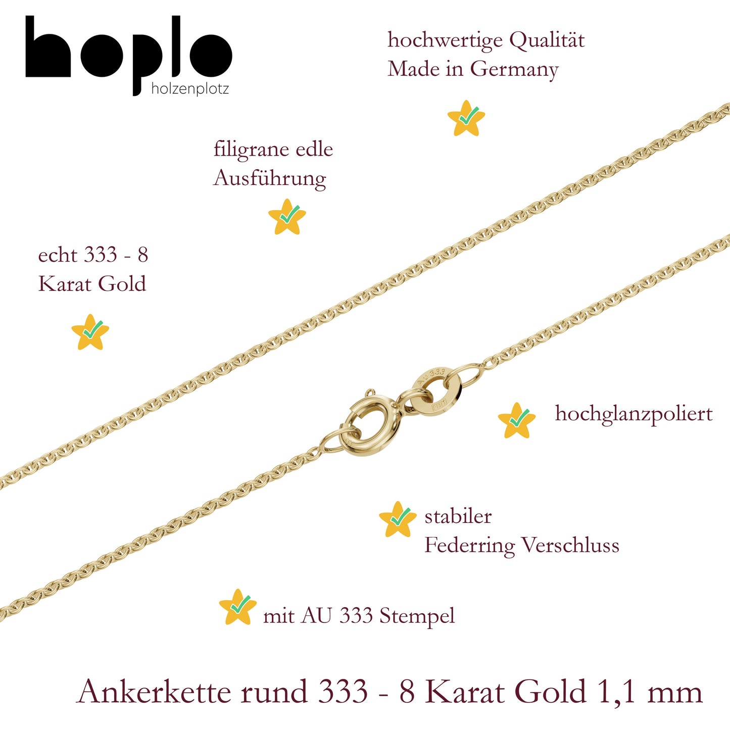 Goldkette Ankerkette rund Halskette 1,1 mm massiv 333 - 8 Karat Gold