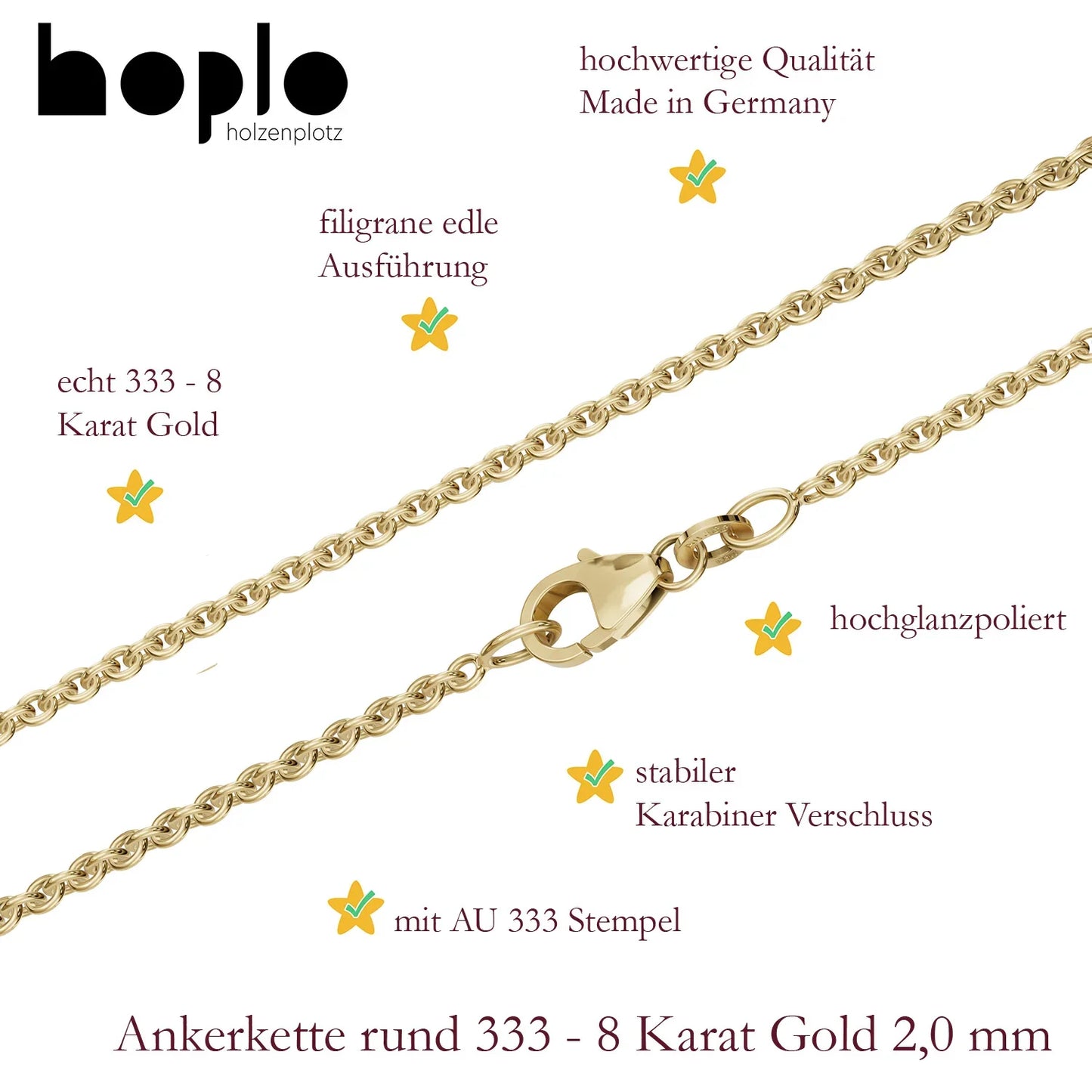 Goldkette Ankerkette rund Halskette Breite 2,0 mm - 333 - 8 Karat Gold
