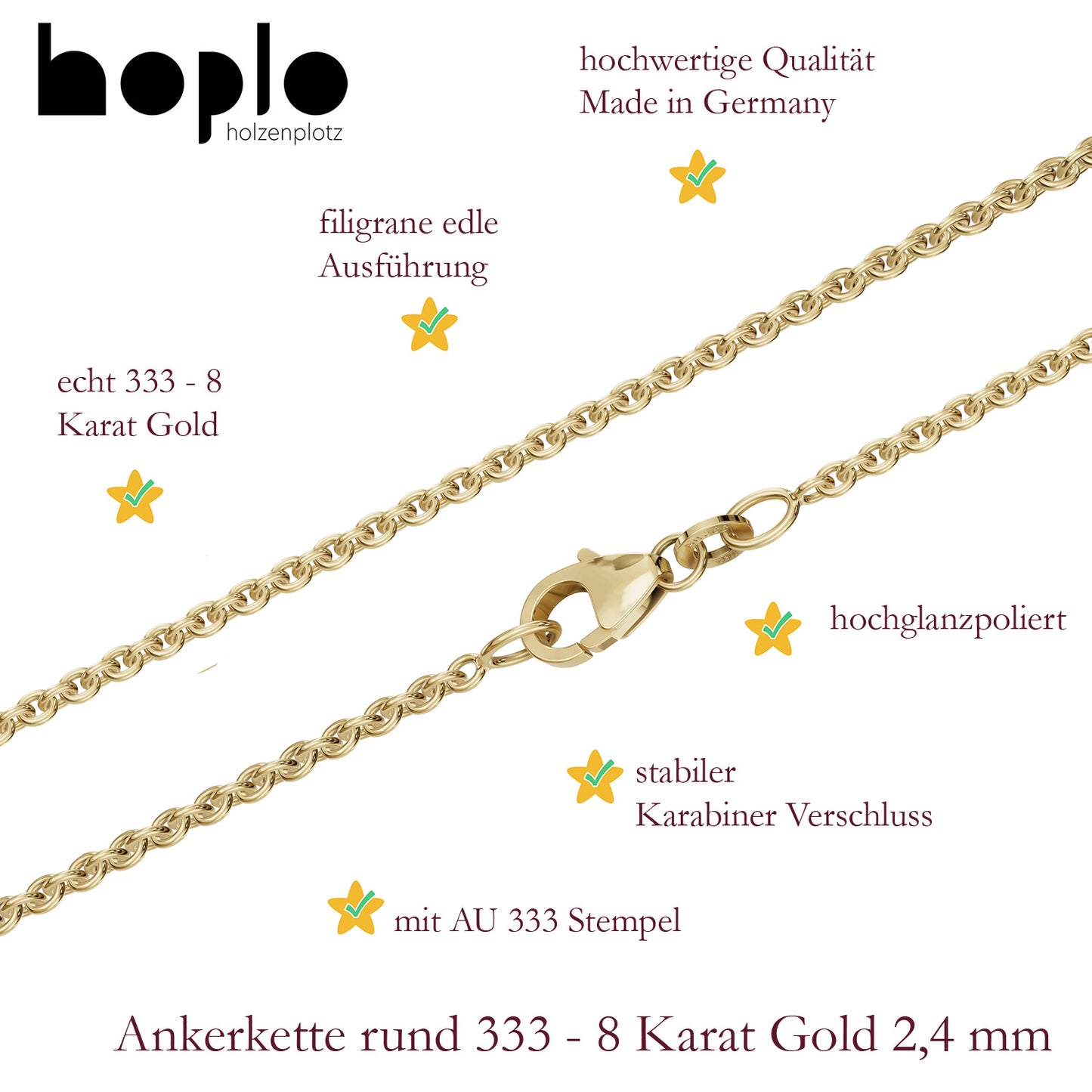 Goldkette Ankerkette rund Halskette Breite 2,4 mm - 333 - 8 Karat Gold