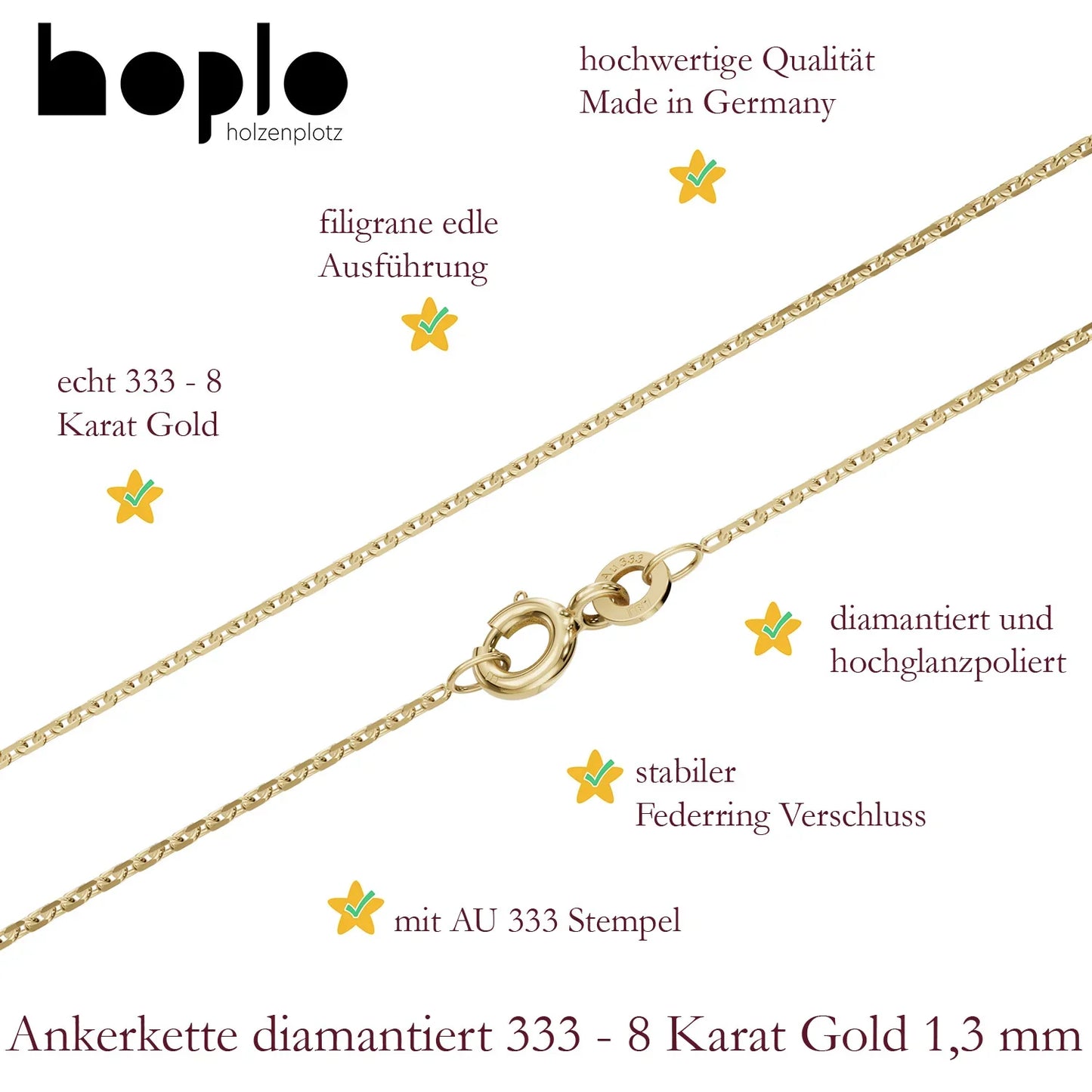 Ankerkette diamantiert Halskette Breite 1,3 mm - 333 - 8 Karat Gold