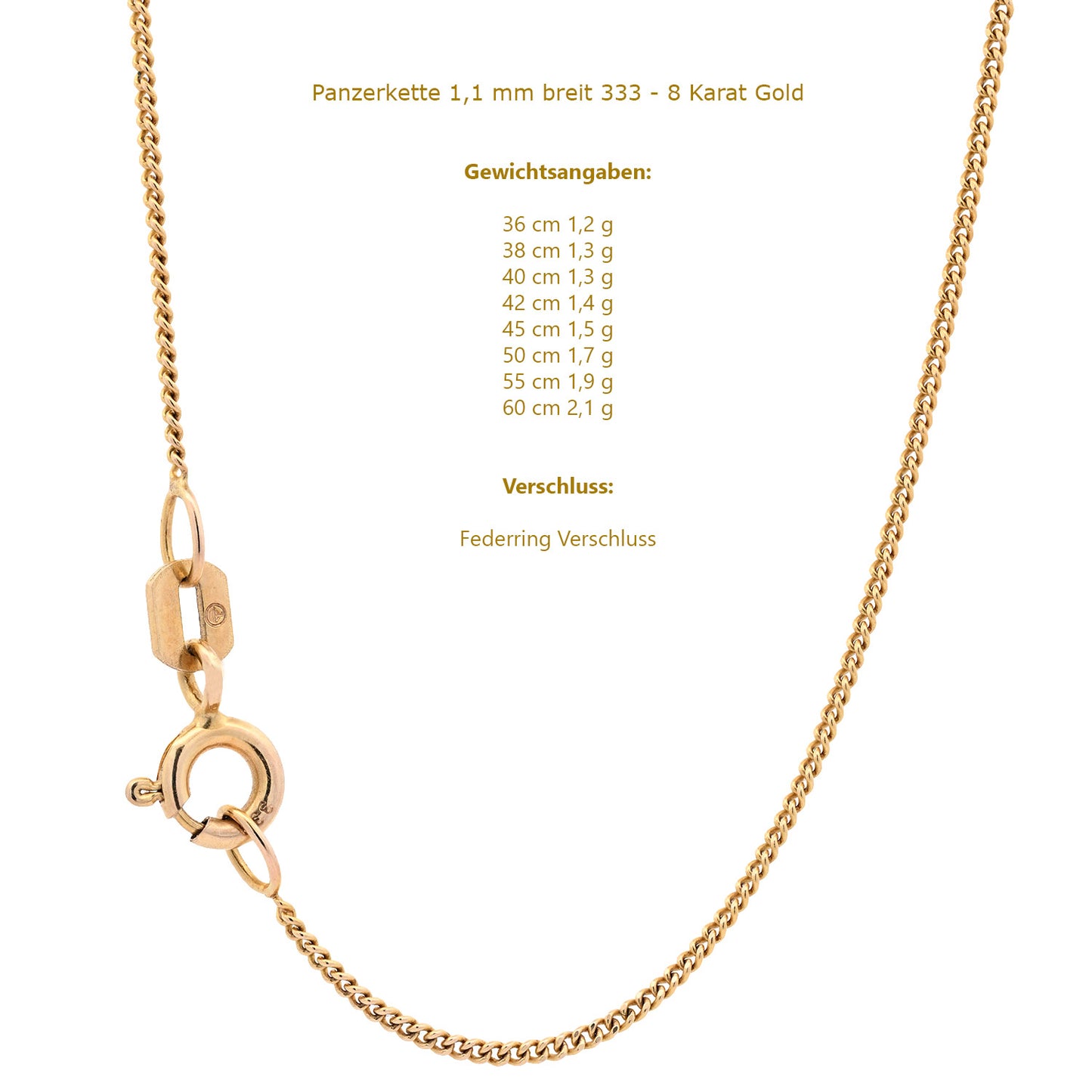 Goldkette Echt 333 - 8 Karat Panzerkette 1,1 mm Gold Halskette - Juwelier Qualität - hochglanzpoliert und diamantiert - Made in Germany