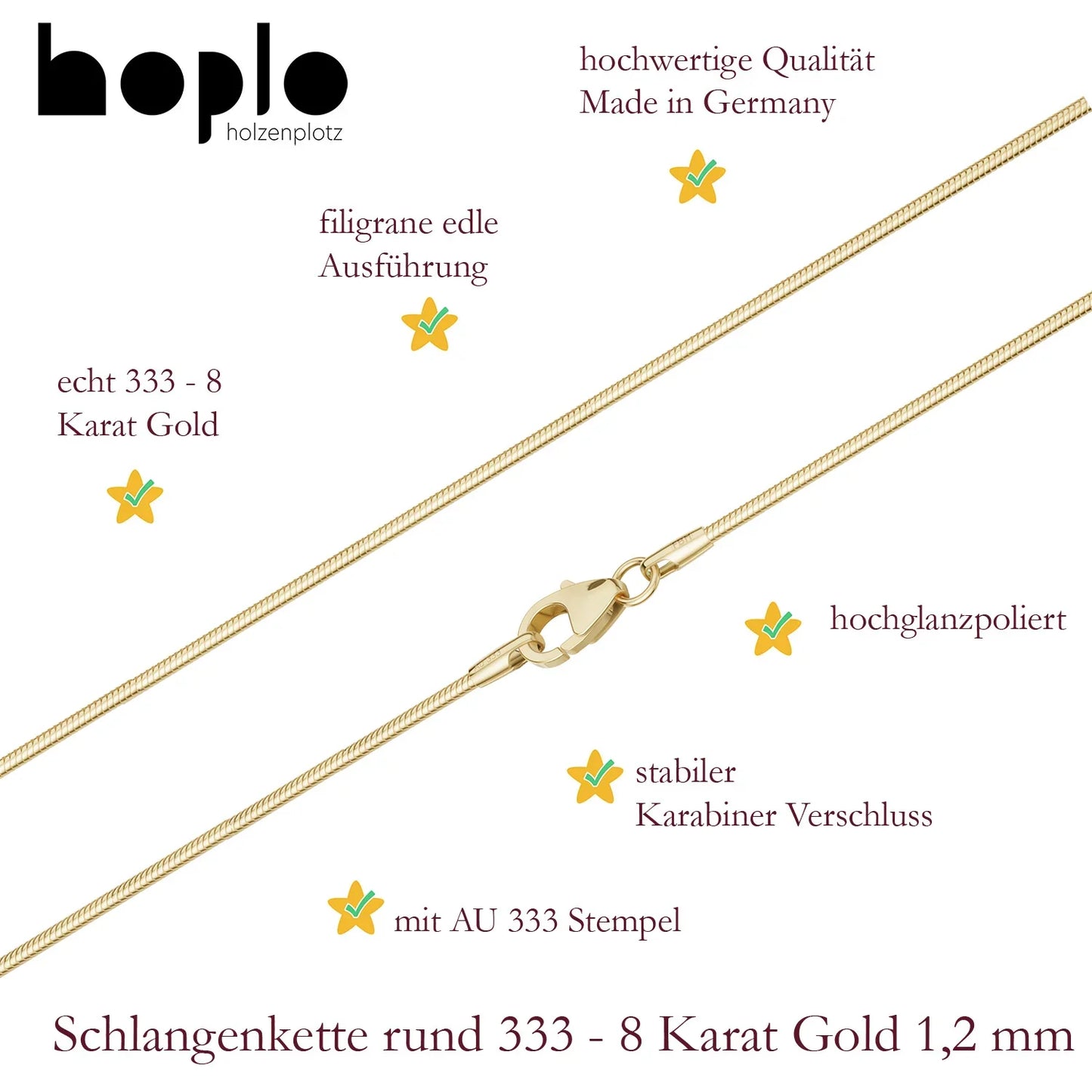 Schlangenkette Halskette Breite 1,2 mm - 333 - 8 Karat Gold Auswahl