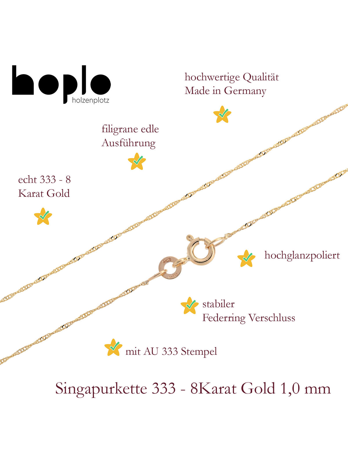 Goldkette Singapurkette Länge 38cm - Breite 1,0mm - 333-8 Karat Gold