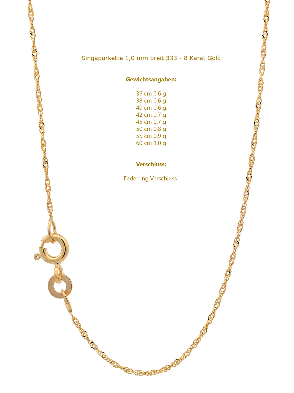 Goldkette Singapurkette Länge 38cm - Breite 1,0mm - 333-8 Karat Gold