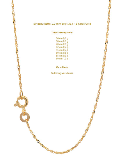 Goldkette Singapurkette Länge 38cm - Breite 1,0mm - 333-8 Karat Gold