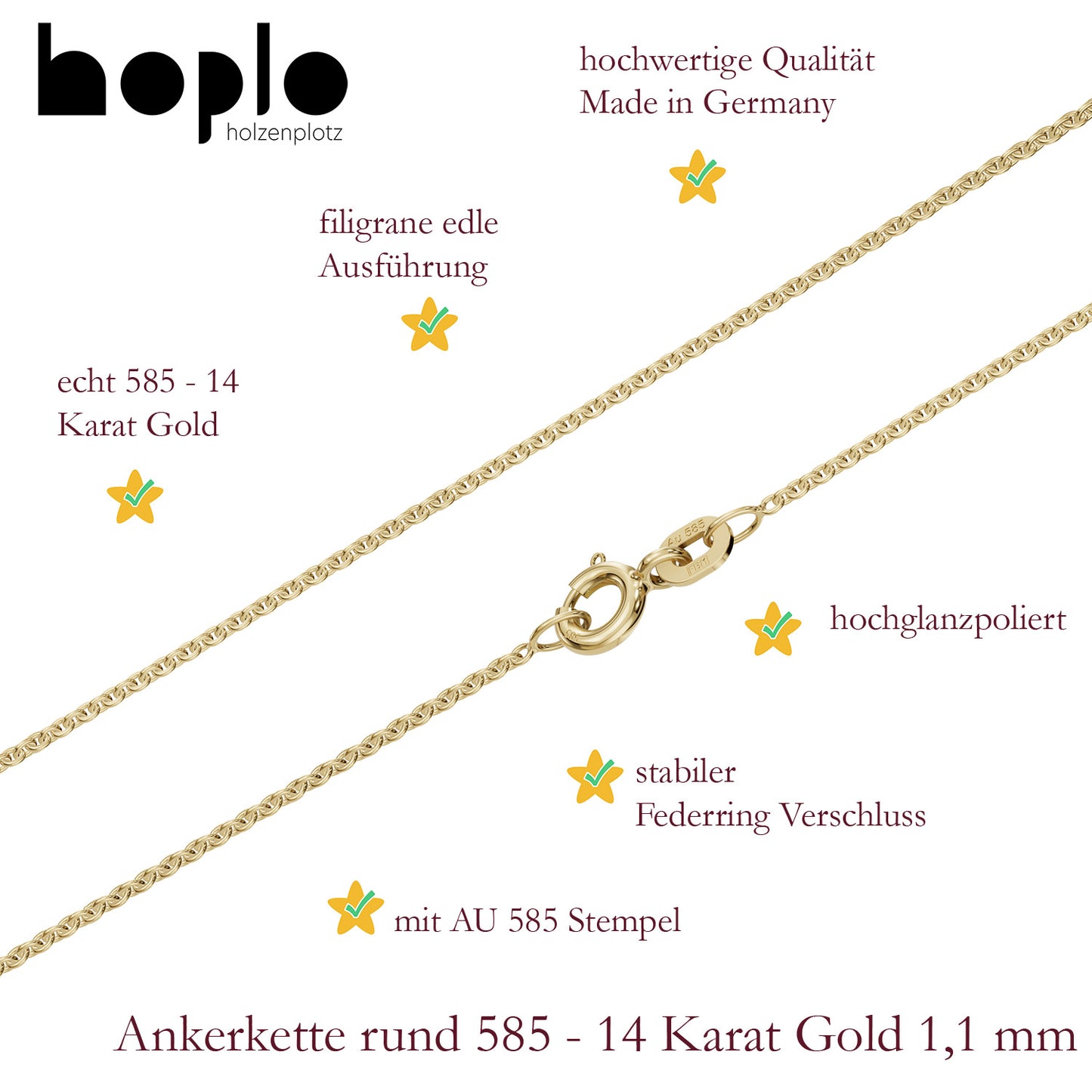Goldkette Ankerkette Breite 1,1mm - 585-14 Karat Gold