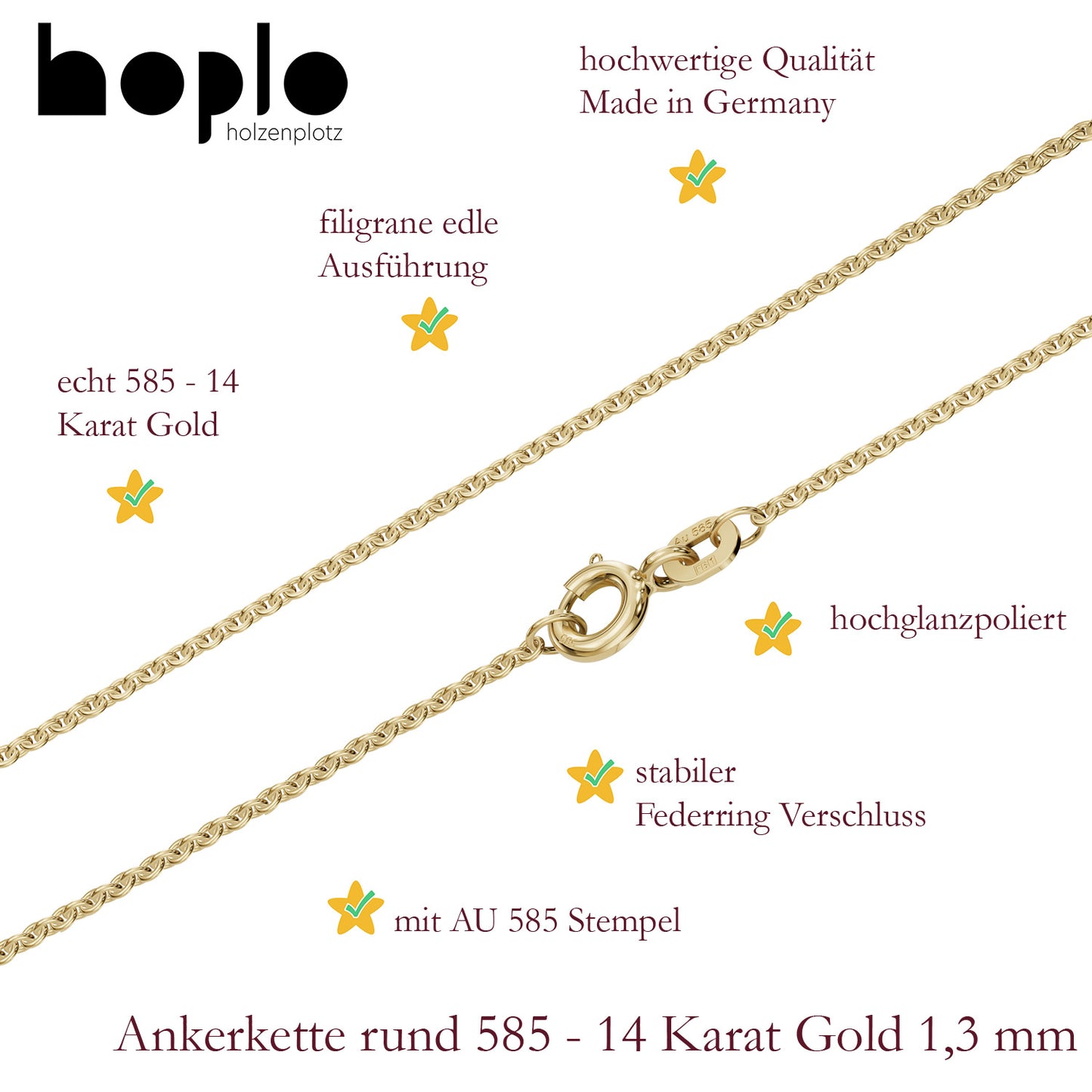 Goldkette Ankerkette Breite 1,3mm - 585-14 Karat Gold