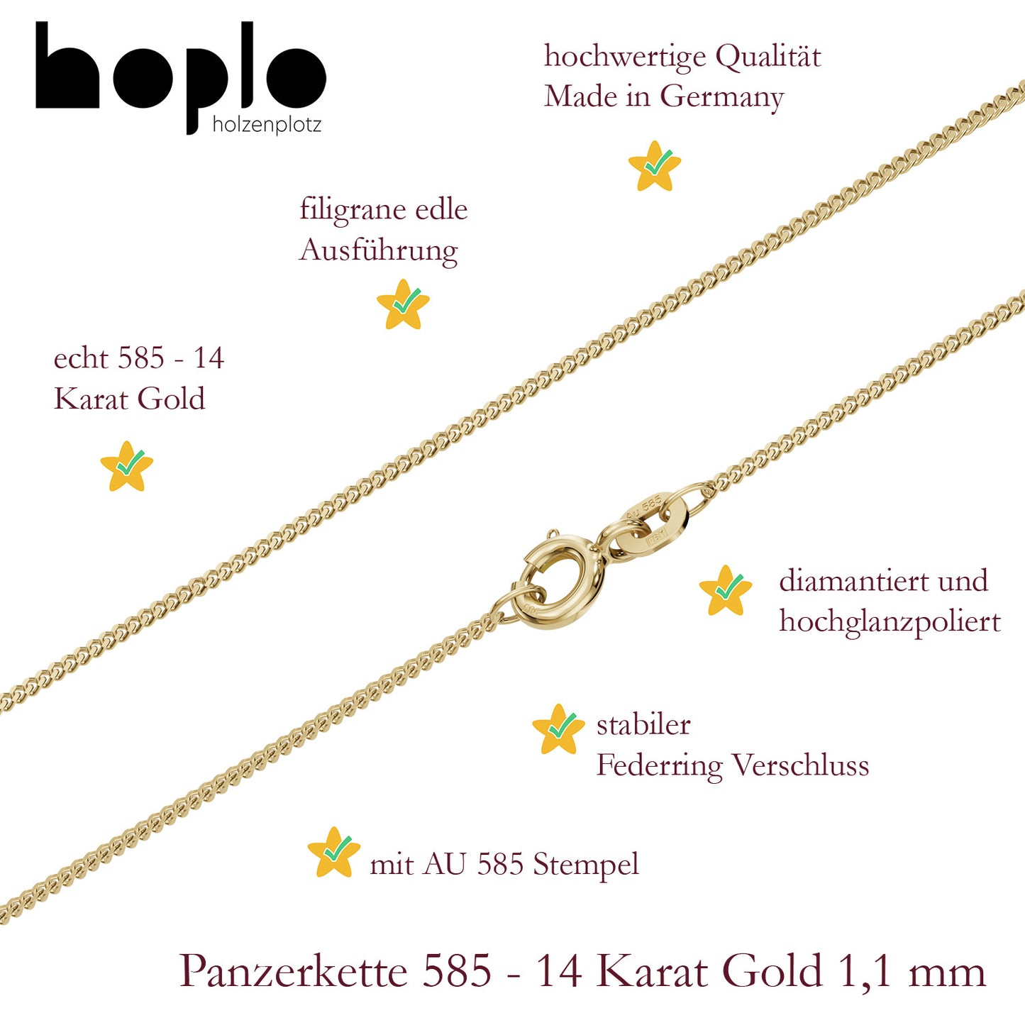 Goldkette Panzerkette Halskette Breite 1,1 mm massiv 585-14 Karat Gold