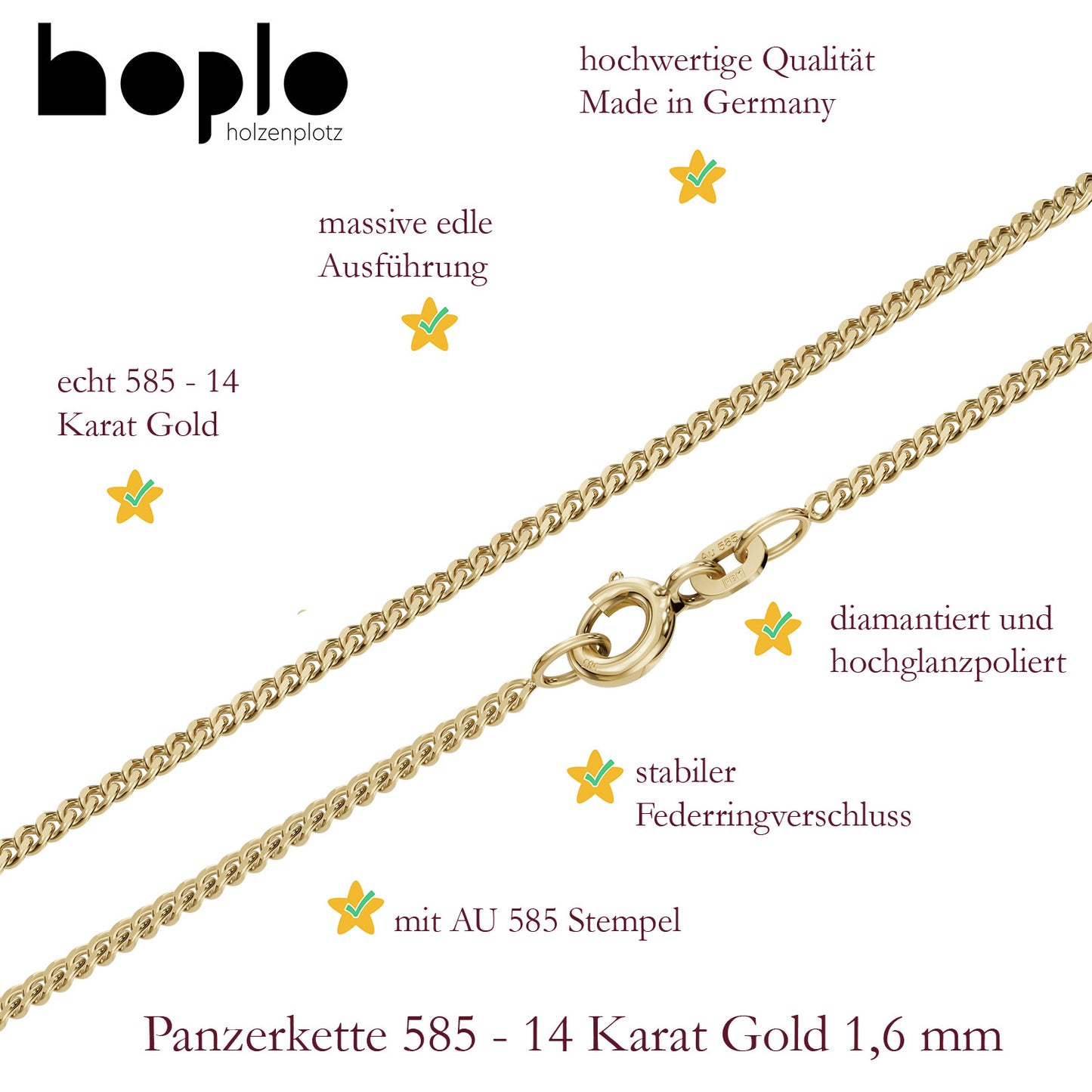 Goldkette Panzerkette Halskette Breite 1,6 mm massiv 585-14 Karat Gold