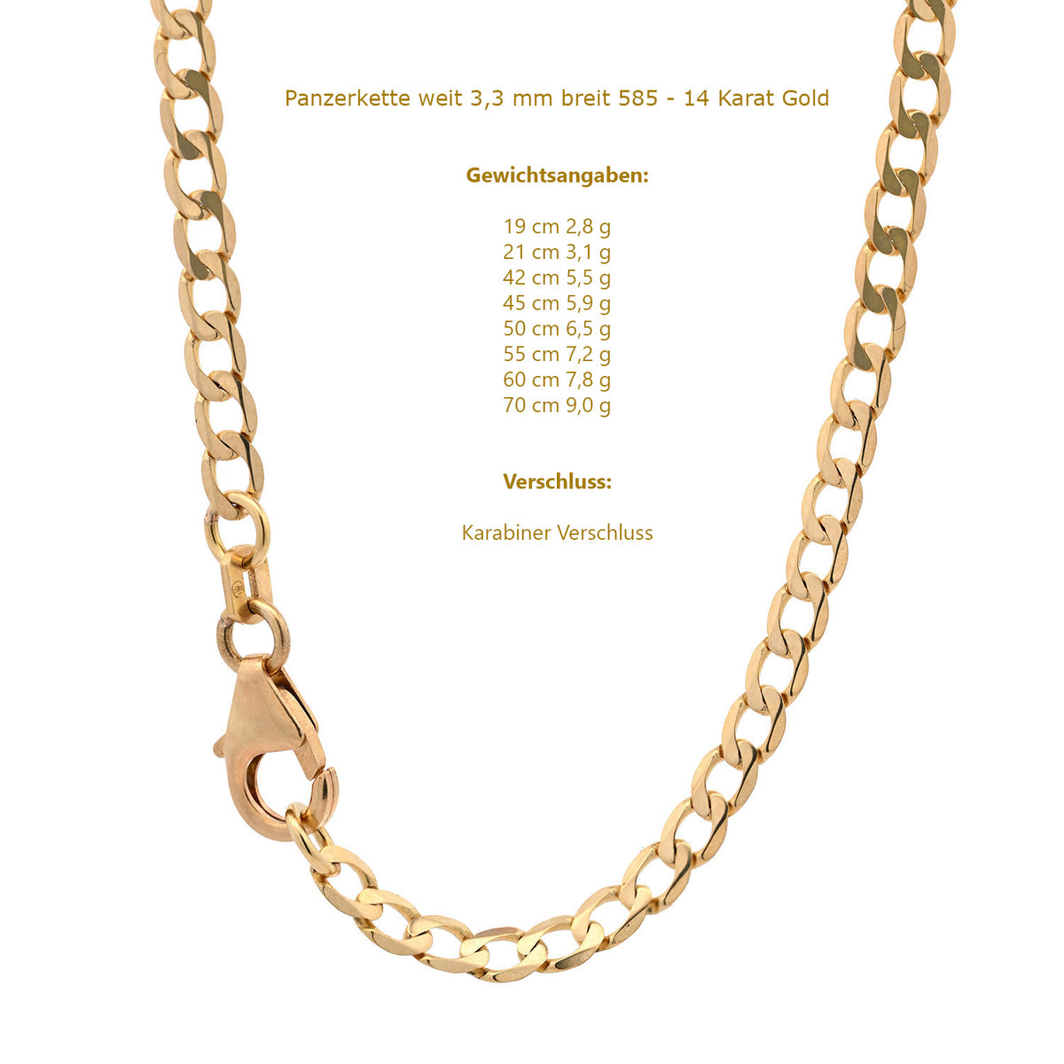 Panzerkette Halskette Breite 3,3 mm - 585 - 14 Karat Gold Auswahl
