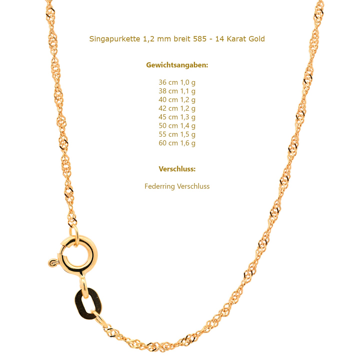 Goldkette Singapurkette Halskette Breite 1,7 mm echt 585-14 Karat Gold