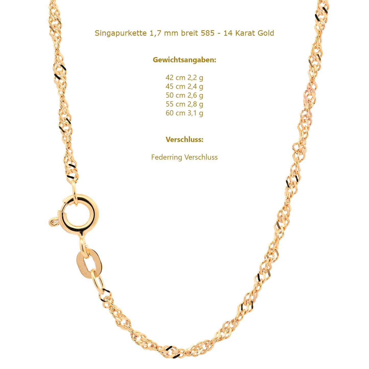 Goldkette Singapurkette Halskette Breite 1,7 mm echt 585-14 Karat Gold