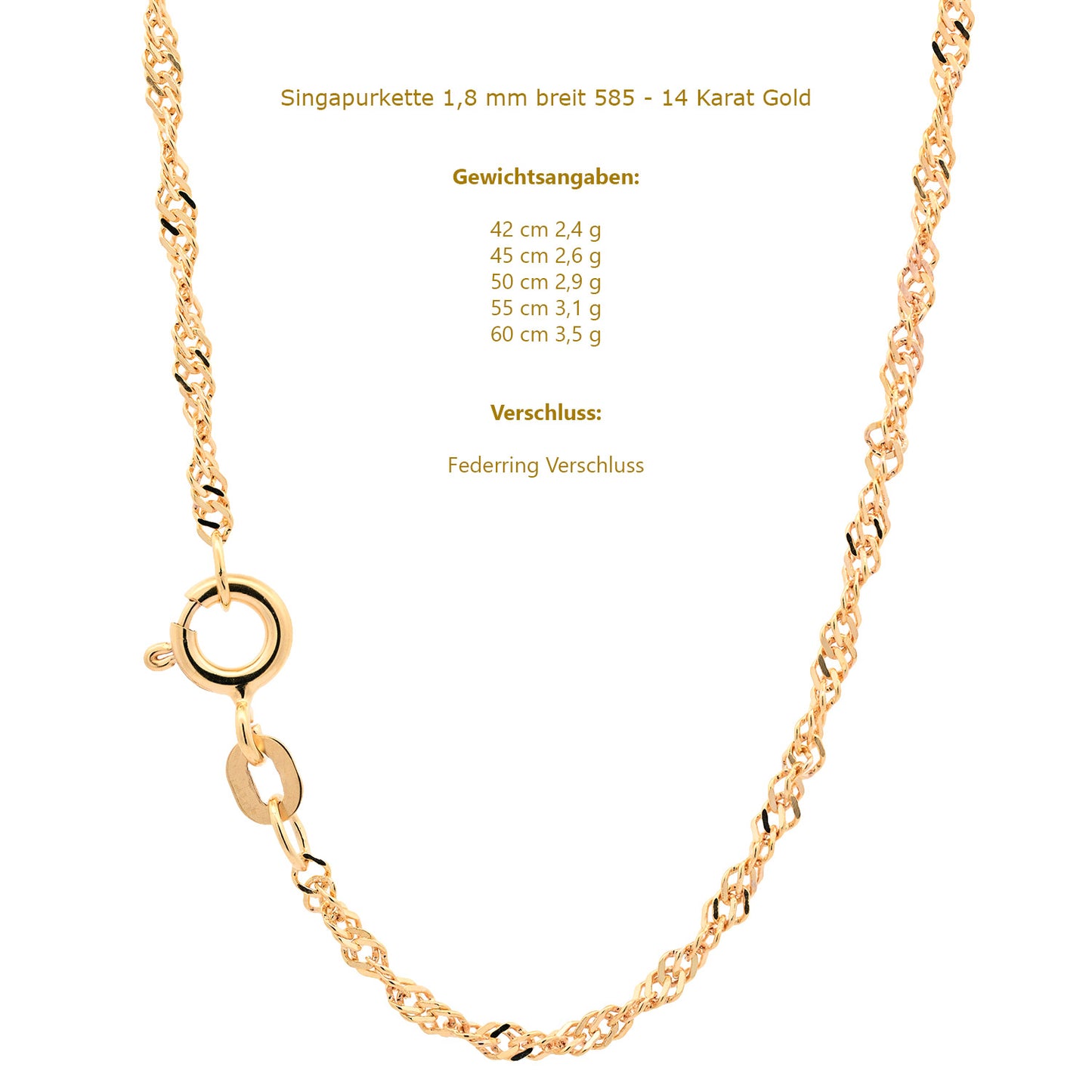 Goldkette Singapurkette Halskette Breite 1,7 mm echt 585-14 Karat Gold
