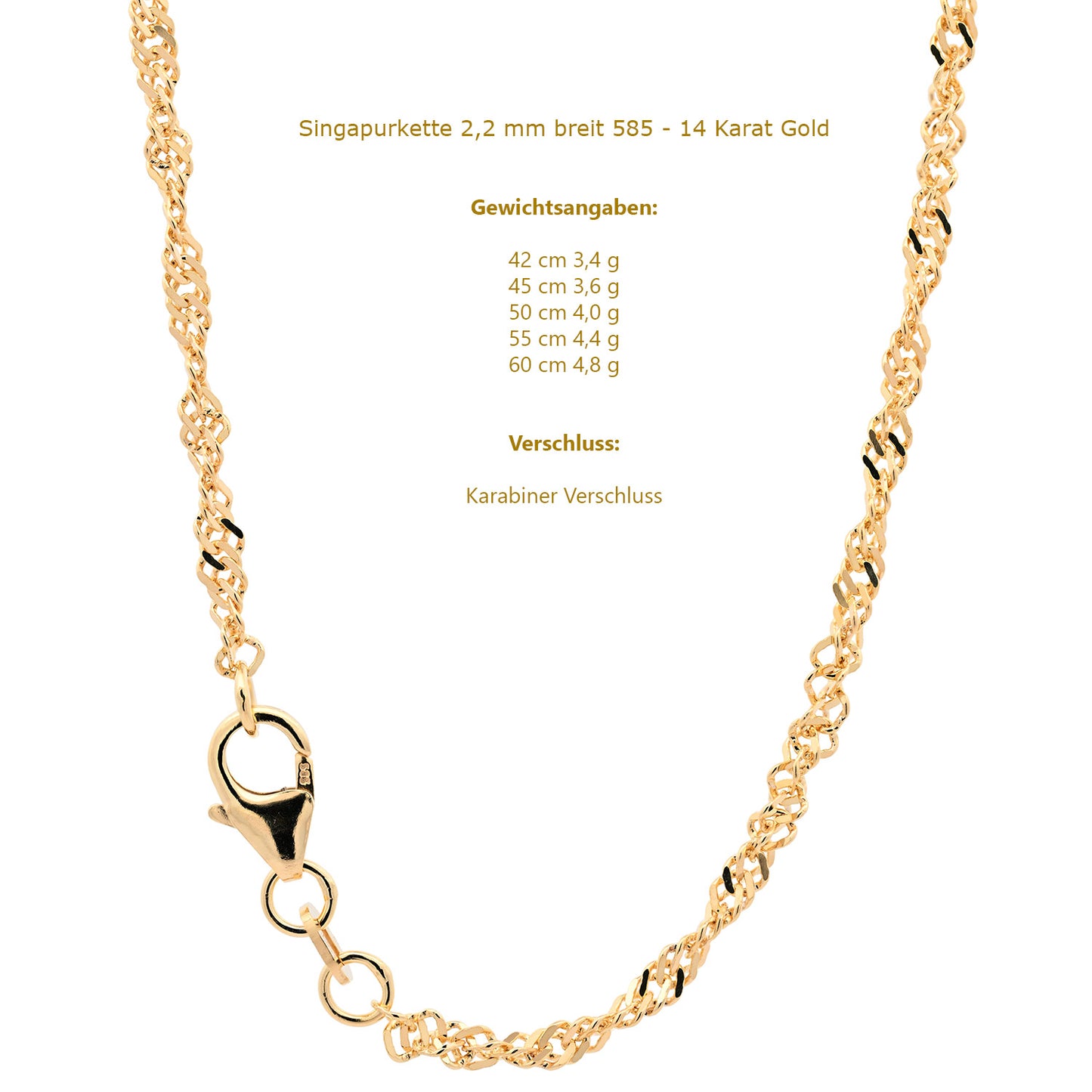 Goldkette Singapurkette Halskette Breite 1,7 mm echt 585-14 Karat Gold