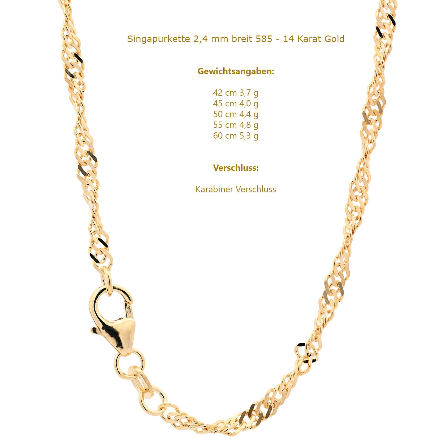 Goldkette Singapurkette Halskette Breite 1,7 mm echt 585-14 Karat Gold