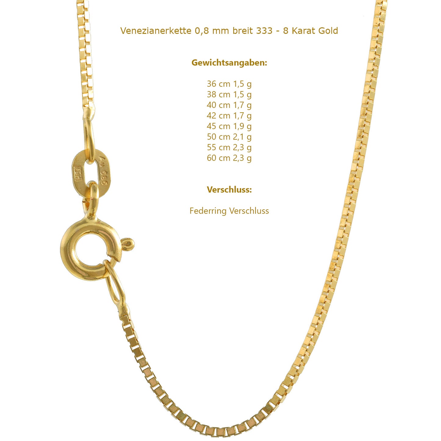 Goldkette Venezianerkette Halskette Breite 0,8 mm - 333-8 Karat Gold