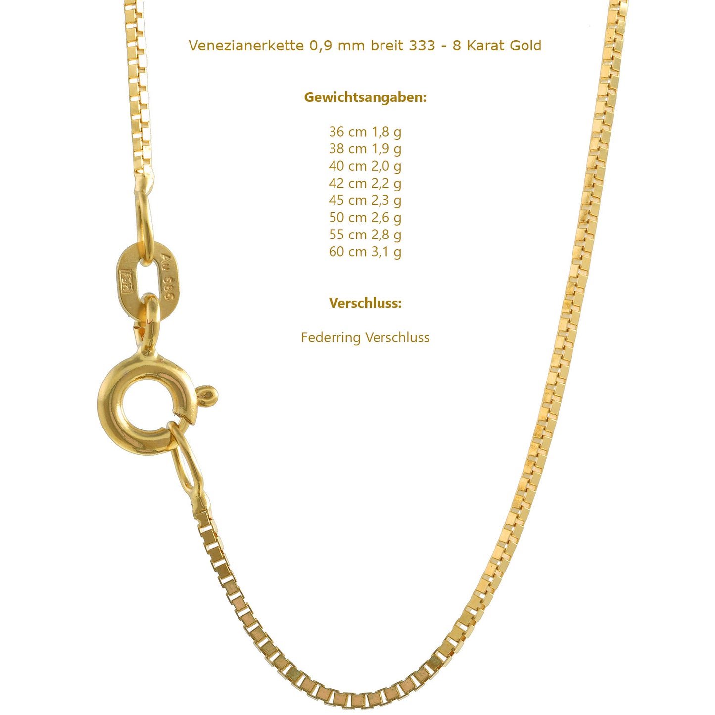 Goldkette Venezianerkette Halskette Breite 0,9 mm - 333-8 Karat Gold