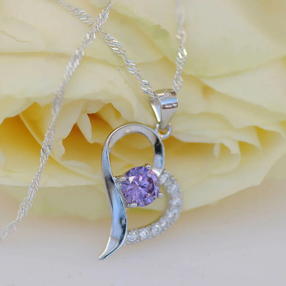 Herz Anhänger violetter Zirkonia Crystal mit Singapurkette 925 Silber