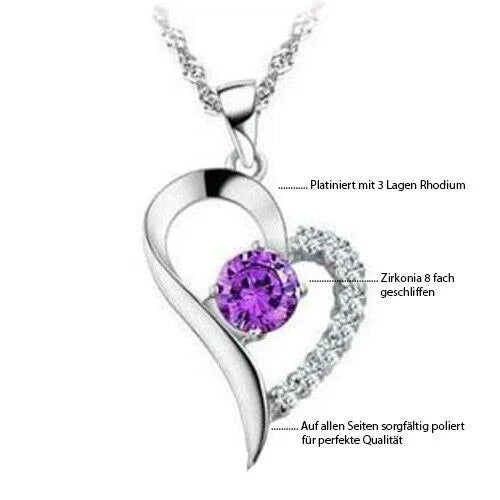 Herz Anhänger violetter Zirkonia Crystal mit Singapurkette 925 Silber