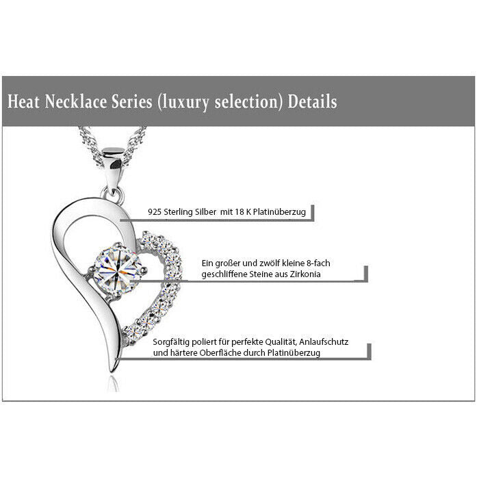 Edler Herz Anhänger 925 Silber & Zirkonia Crystal mit Silberkette Herz