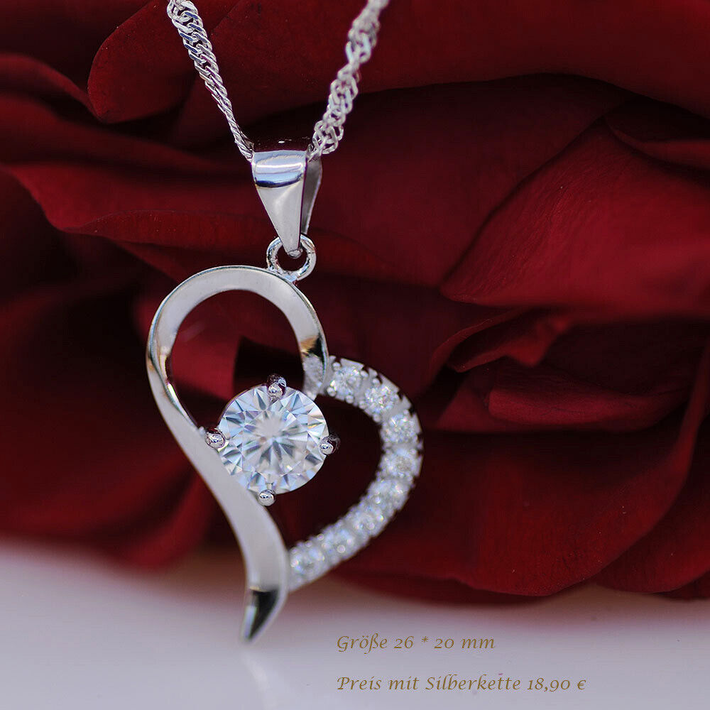 Edler Herz Anhänger 925 Silber & Zirkonia Crystal mit Silberkette Herz
