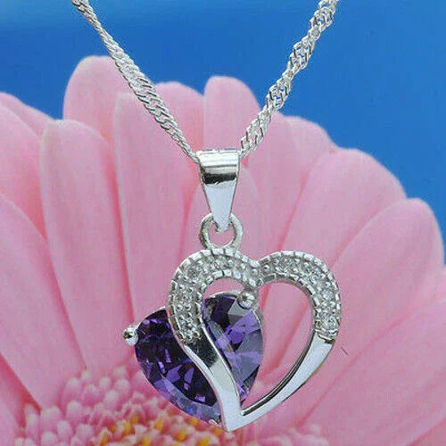 Anhänger Herz mit violettem Zirkonia Herz Crystal mit Singapurkette 92