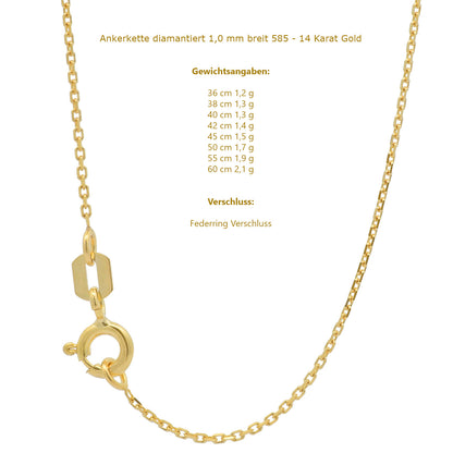 Goldkette Ankerkette diamantiert Halskette 1,0 mm 585 - 14 Karat Gold
