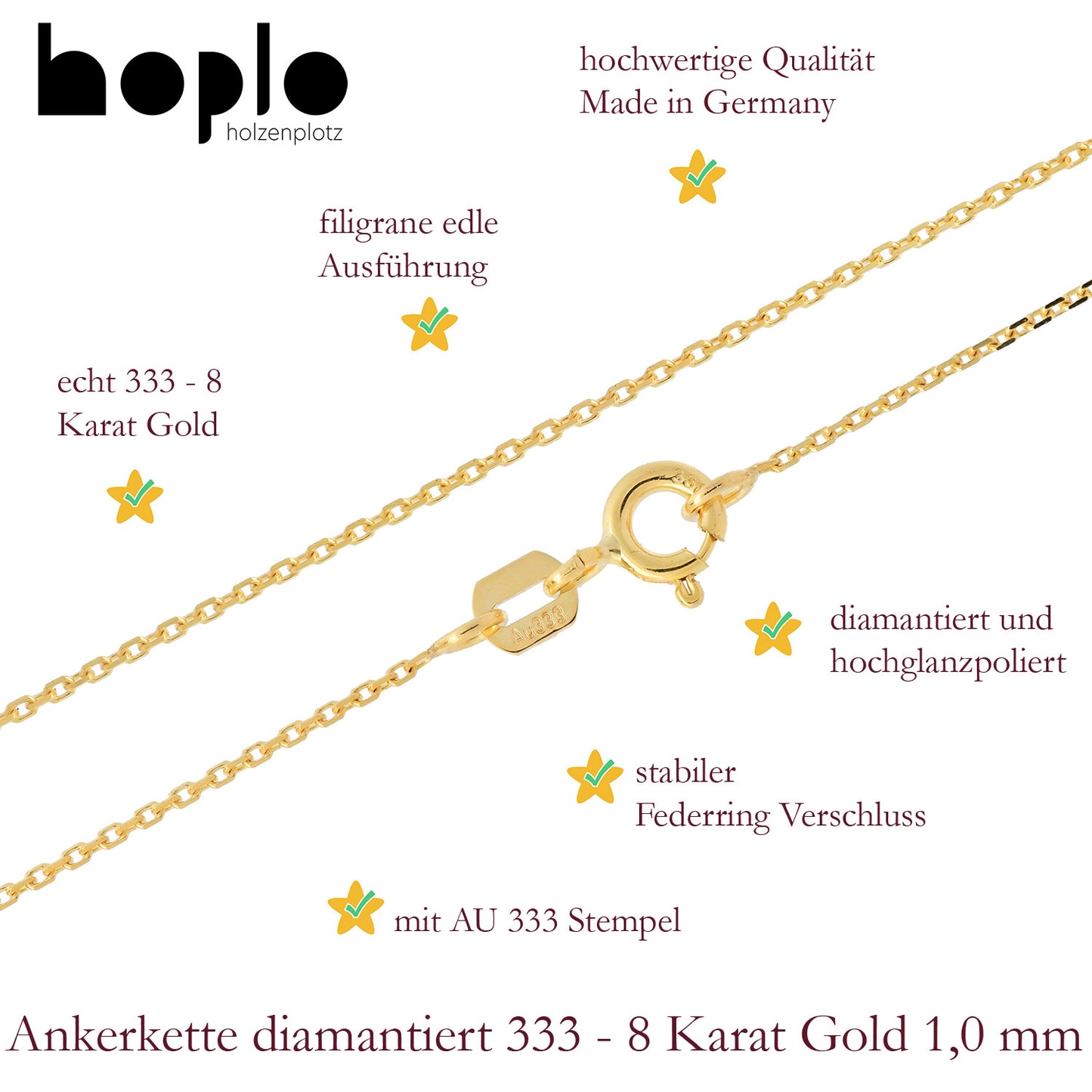 Goldkette Ankerkette diamantiert Halskette 1,0 mm 333-8 Karat Gold