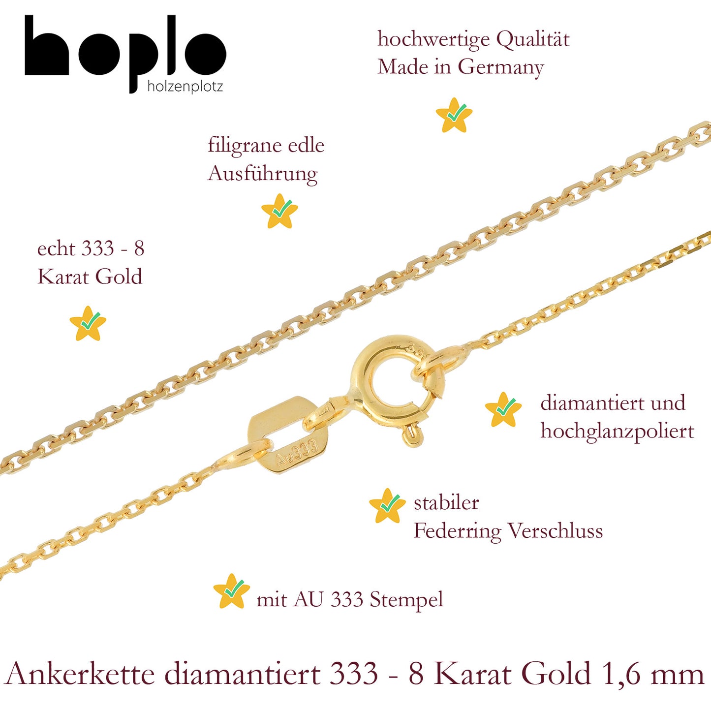 Goldkette Ankerkette diamantiert Halskette 1,6 mm 333-8 Karat Gold