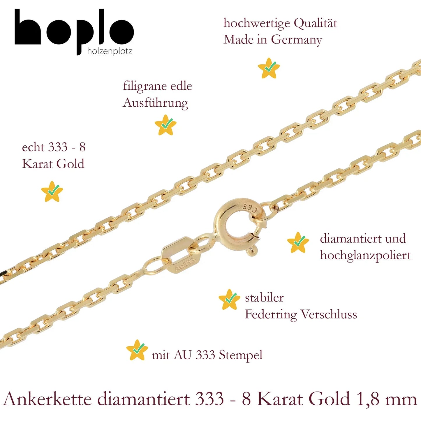 Goldkette Ankerkette diamantiert Halskette 1,8 mm 333-8 Karat Gold
